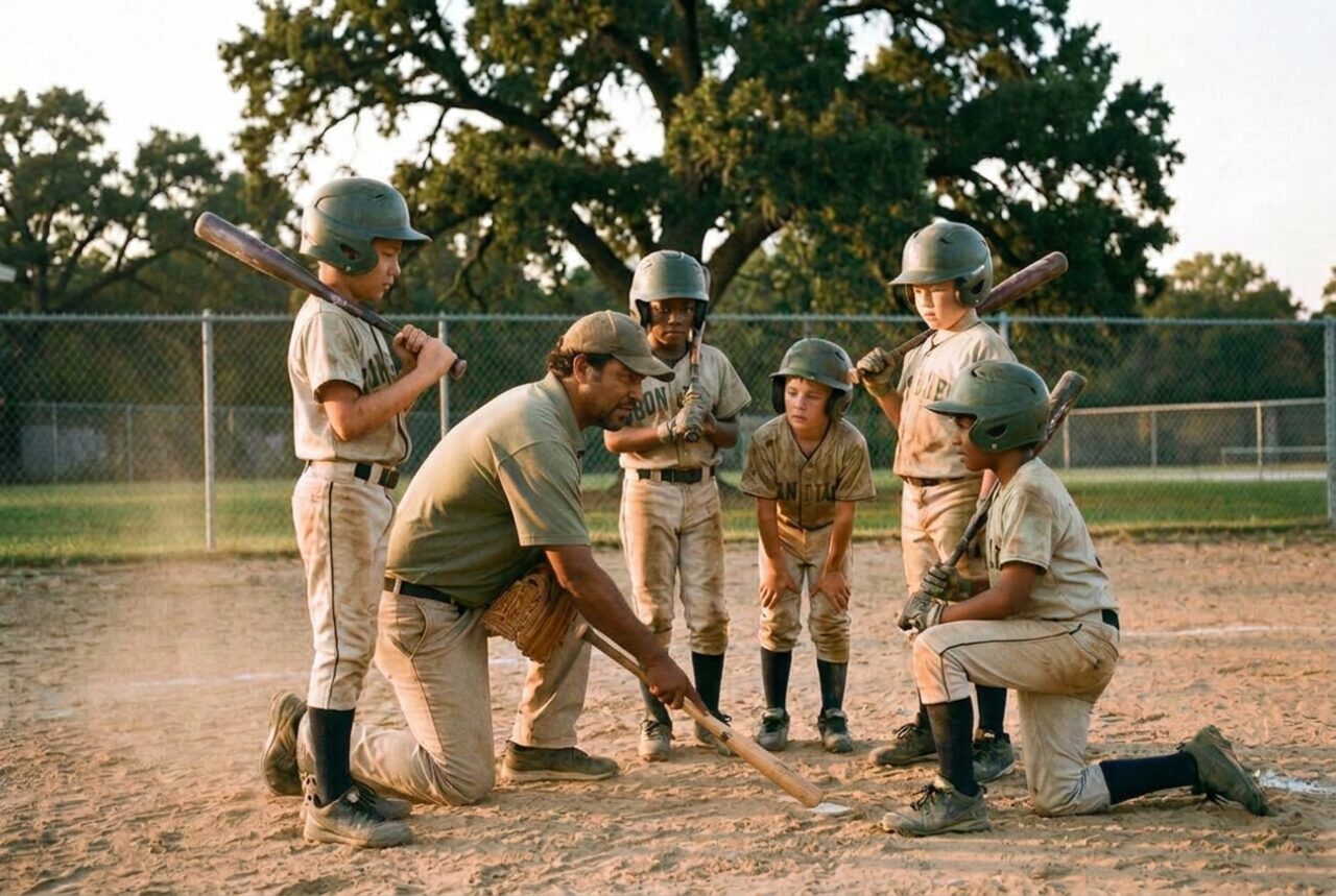 A youth baseball coach kneeling in the dirt, drawing a play for a huddle of young players