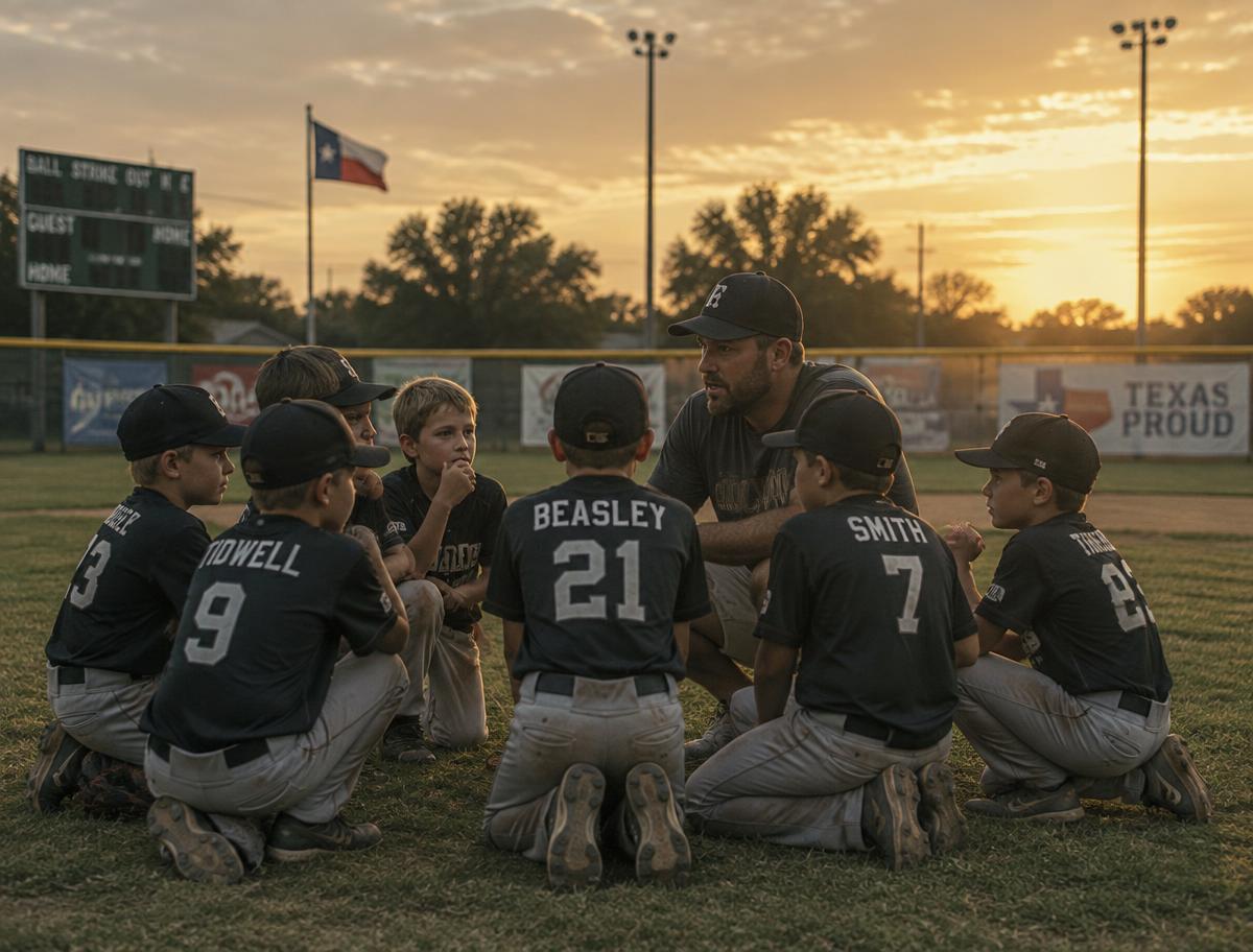 A youth baseball team huddled with their coach at dusk