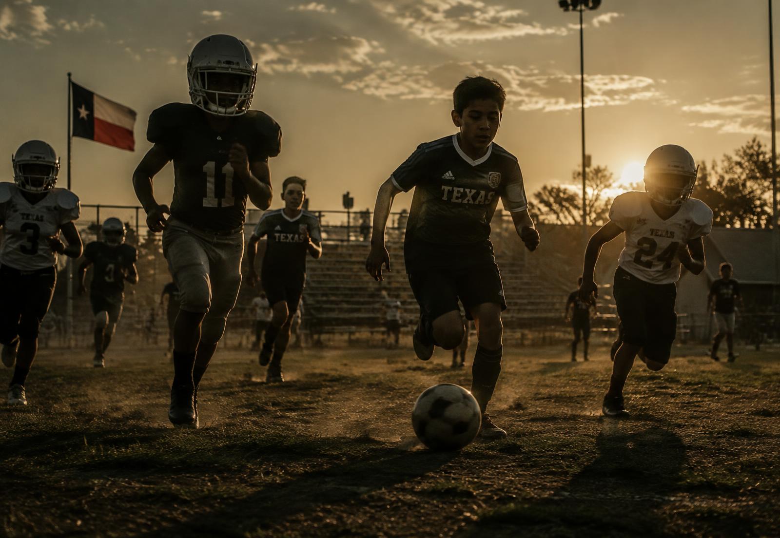 Young athletes running across a Texas field at sunset