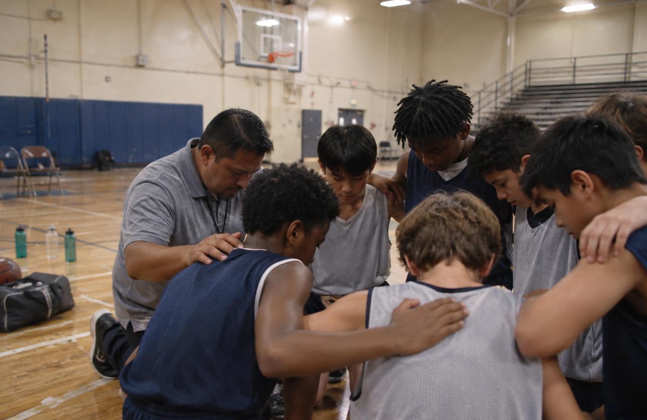 A coach and a mixed group of young basketball players huddled together with arms around each other's shoulders, heads bowed