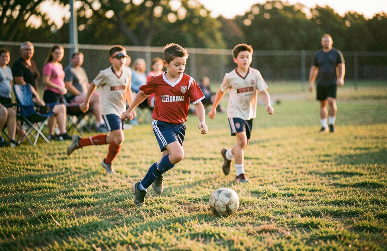 Youth soccer players chasing the ball at golden hour